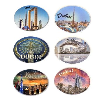 [6 pcs] Fridge magnet Foil oval shape , Souvenirs, Travellers Gift, Famous Dubai Skylines 60 X 48 MM Fancy Assorted