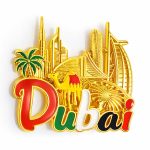 Souvenir Dubai Iconic Landmarks Premium metal fridge magnet featuring Dubai landmarks such as Burj Khalifa and Burj Al Arab. Perfect UAE souvenir, gift, and keepsake with strong magnetic hold