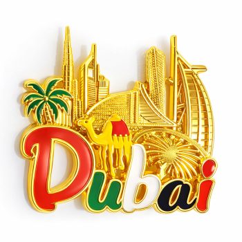 Souvenir Dubai Iconic Landmarks Premium metal fridge magnet featuring Dubai landmarks such as Burj Khalifa and Burj Al Arab. Perfect UAE souvenir, gift, and keepsake with strong magnetic hold