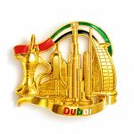 Fridge Metal Magnet Gold polish | UAE Camel with colorful Dubai Font with Iconic Landmarks featuring such as Burj Khalifa and Burj Al Arab ,skylines Perfect UAE souvenir, gift, and keepsake with strong magnetic hold.