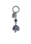 Blue Eye Keychain with Silver Peacock Design