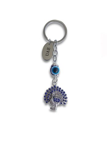 Blue Eye Keychain with Silver Peacock Design