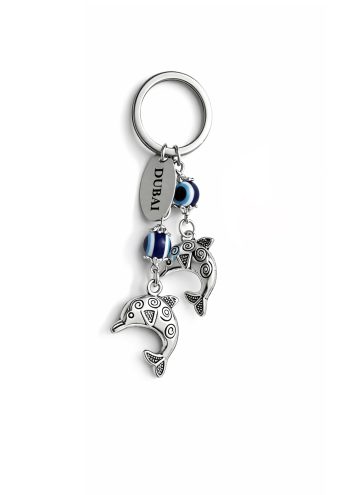 Blue Eye Keychain with Silver 2 Dolphins
