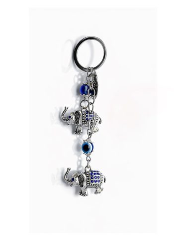 Sleek Blue Eye Keychain with 2 Elephants