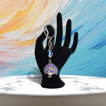 Blue Eye Keychain with Silver Peacock Design