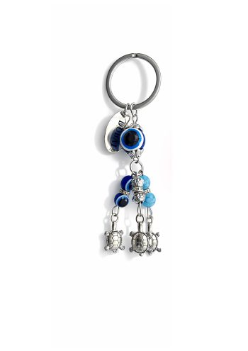 Blue Eye Keychain with Silver Tortoise Charm