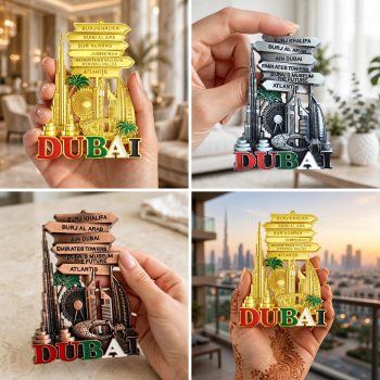 Souvenir Dubai Iconic Landmarks Premium metal fridge magnet featuring Dubai landmarks Skyscrapers Perfect UAE souvenir, gift, and keepsake with strong magnetic hold.