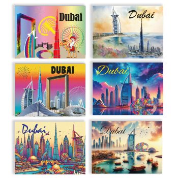 Dubai Iconic Foil Magnets 6pcs Set (48x65mm) crafted from metallic foil, highlighting Dubai city skyline—perfect Dubai souvenir or gift.