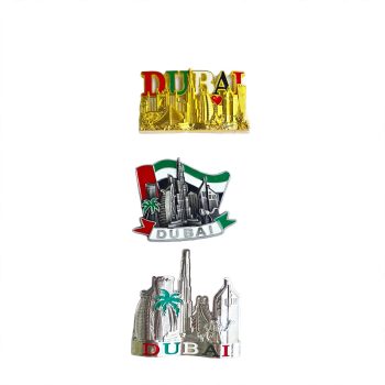Premium Dubai Souvenir Metal Fridge Magnet Set (3 pcs) featuring high-quality detailing, strong magnetic hold, and durable metal construction—ideal for gifting, collecting, or decorating your fridge and workspace.