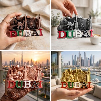 Premium metal fridge magnet Burj Khalifa and Burj Al Arab, Camel Duabi souvenir, gift, and keepsake with strong magnetic hold