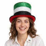 UAE flag color foil glitter top hat with red, green, white, and black stripes—shiny, eye-catching, and perfect for National Day, sports matches ⚽, parties 🎉, and festive events. Unisex design, suitable for kids, teens, and adults.